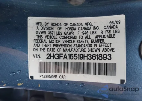 2009 Honda Civic Lx from USA, damaged, VIN 2HGFA16519H361893
